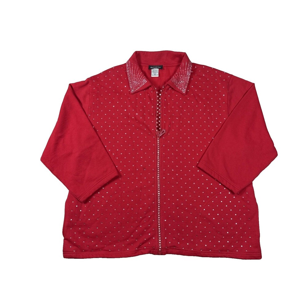 Get Lucky Womens 2X Red Rhinestone Zip Jacket Sweatshirt Bling Y2K Glam Biker